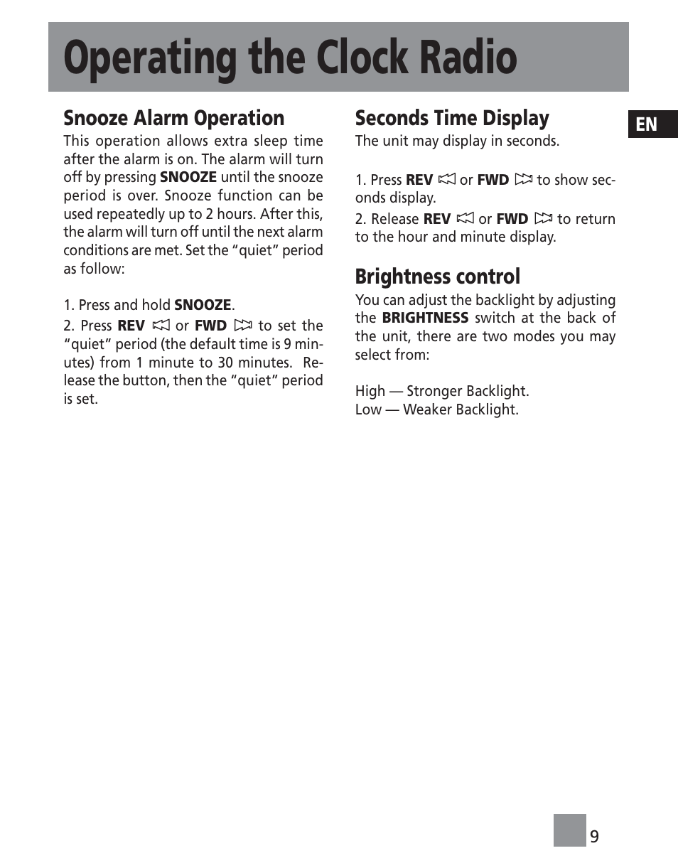 Operating the clock radio, Snooze alarm operation, Seconds time display | Brightness control | Technicolor - Thomson RR420CD User Manual | Page 11 / 11