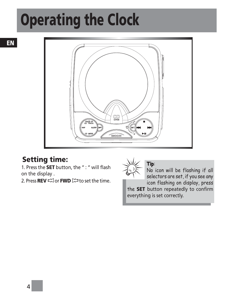 Operating the clock, Setting time | Technicolor - Thomson RR420CD User Manual | Page 6 / 11