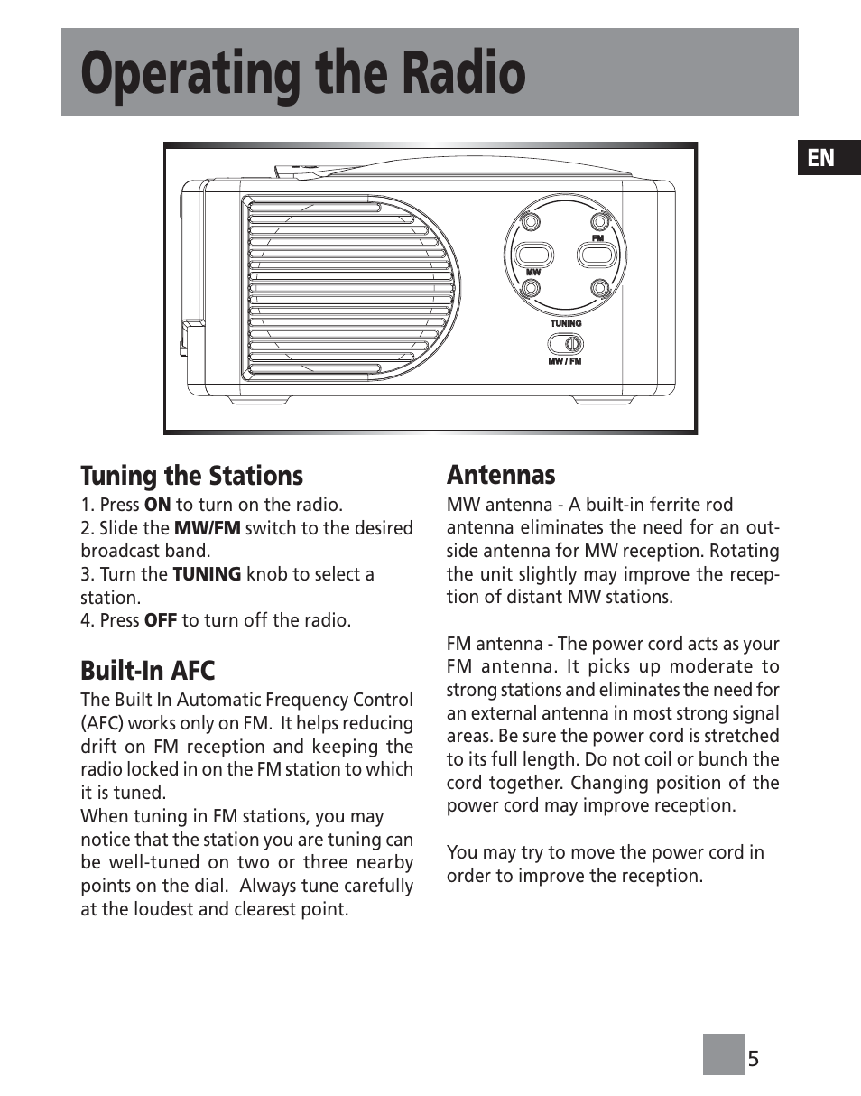 Operating the radio, Tuning the stations, Built-in afc | Antennas | Technicolor - Thomson RR420CD User Manual | Page 7 / 11