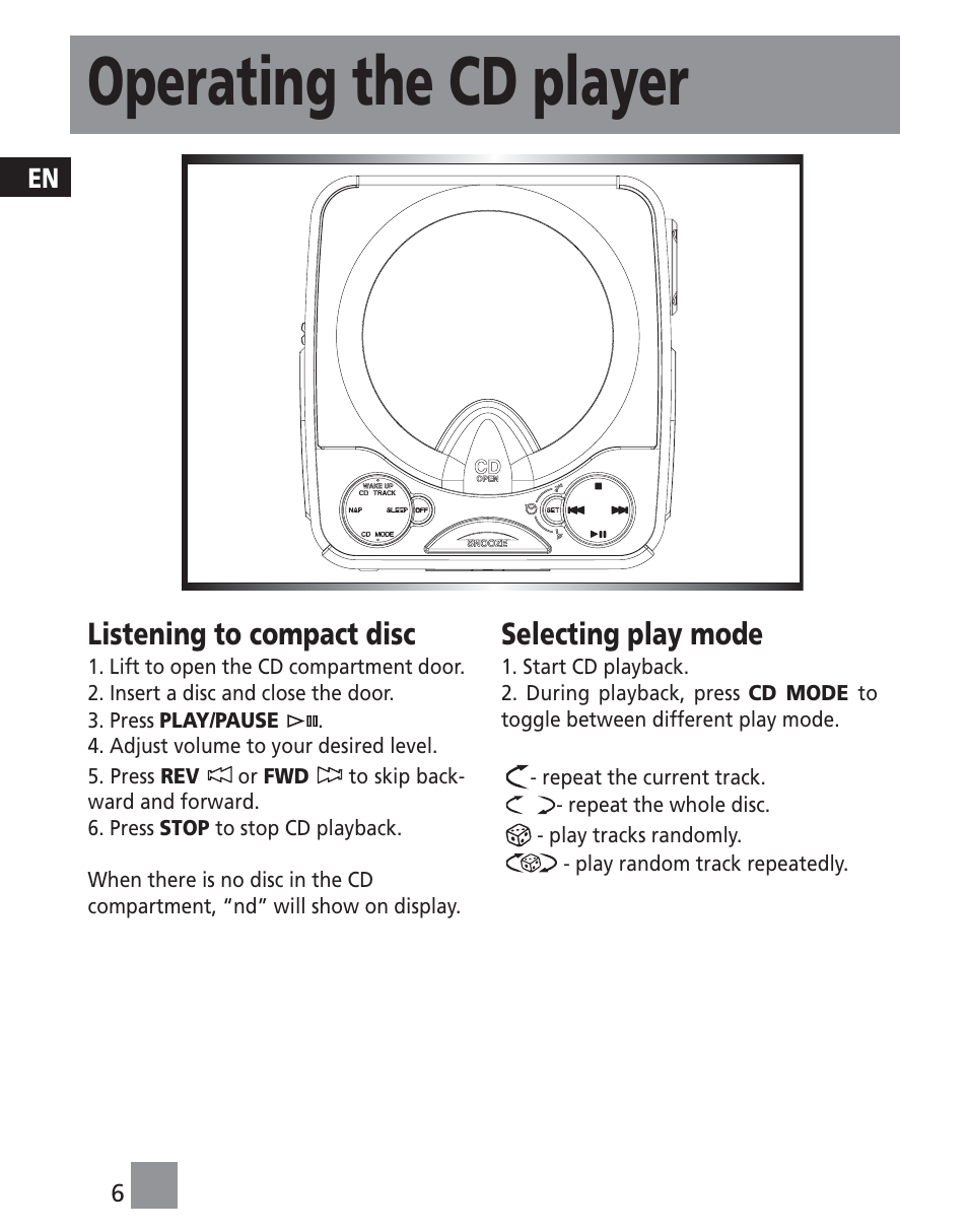 Operating the cd player, Listening to compact disc, Selecting play mode | Technicolor - Thomson RR420CD User Manual | Page 8 / 11