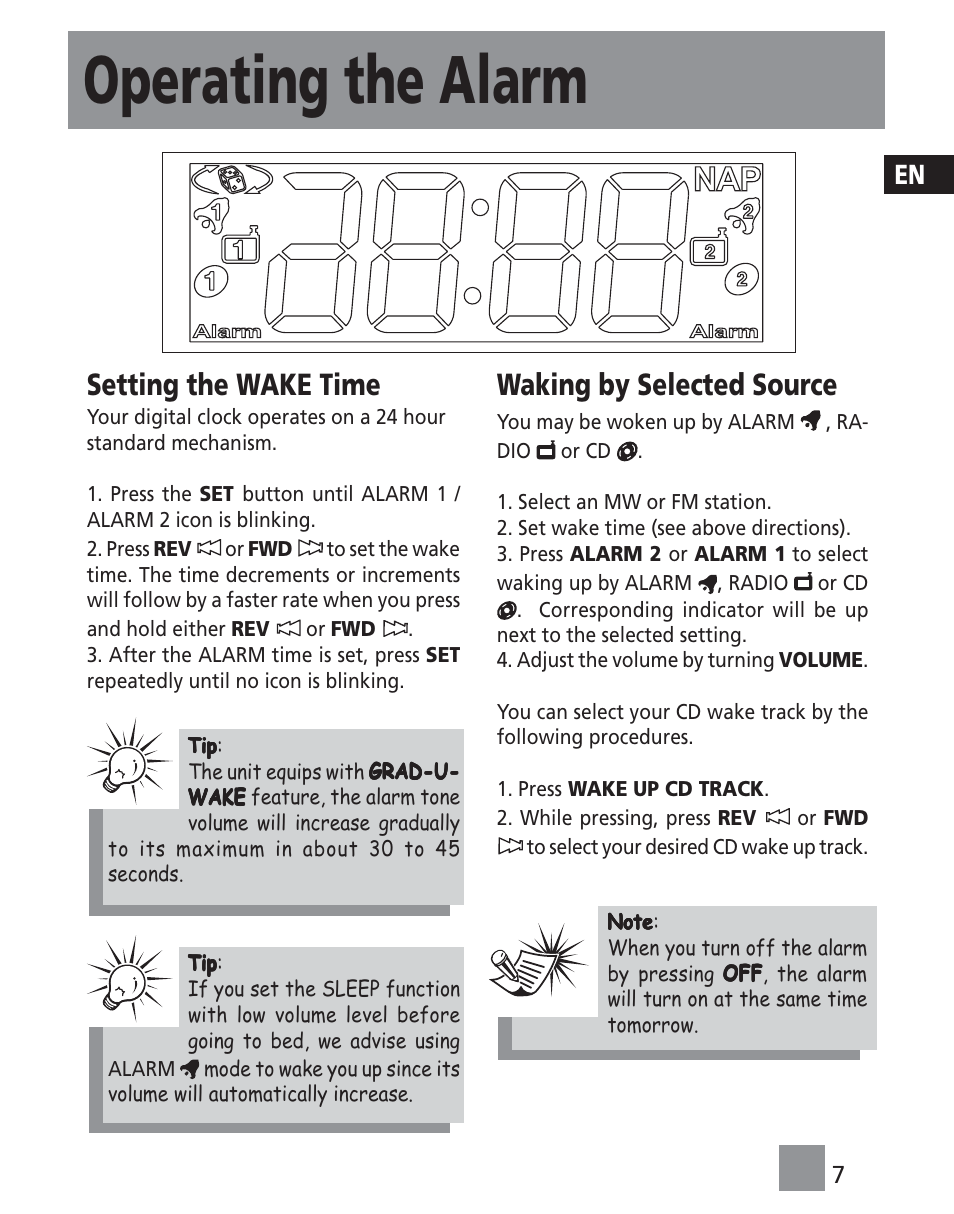 Operating the alarm, Setting the wake time, Waking by selected source | Technicolor - Thomson RR420CD User Manual | Page 9 / 11