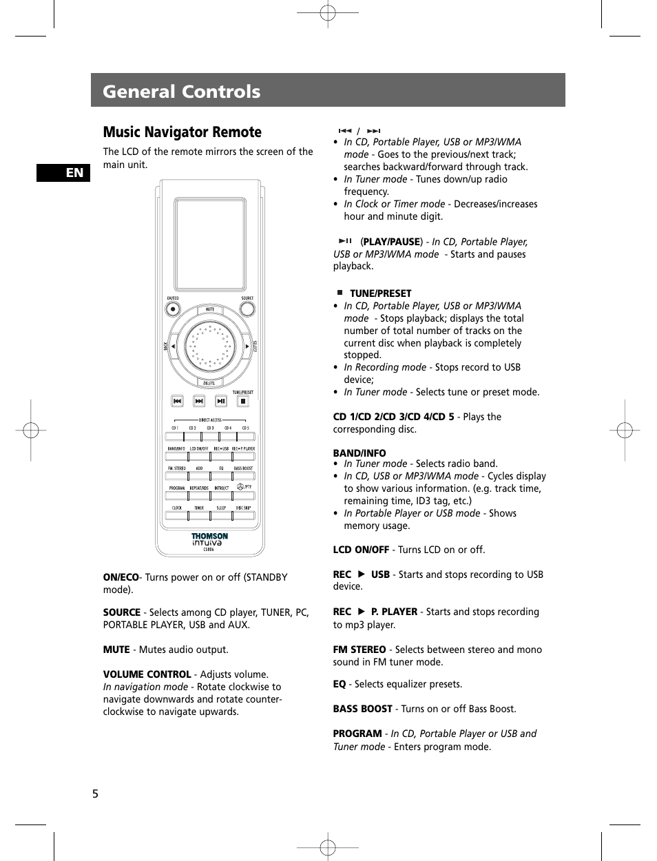 General controls, Music navigator remote | Technicolor - Thomson THOMSON Intuiva CS806 User Manual | Page 10 / 30