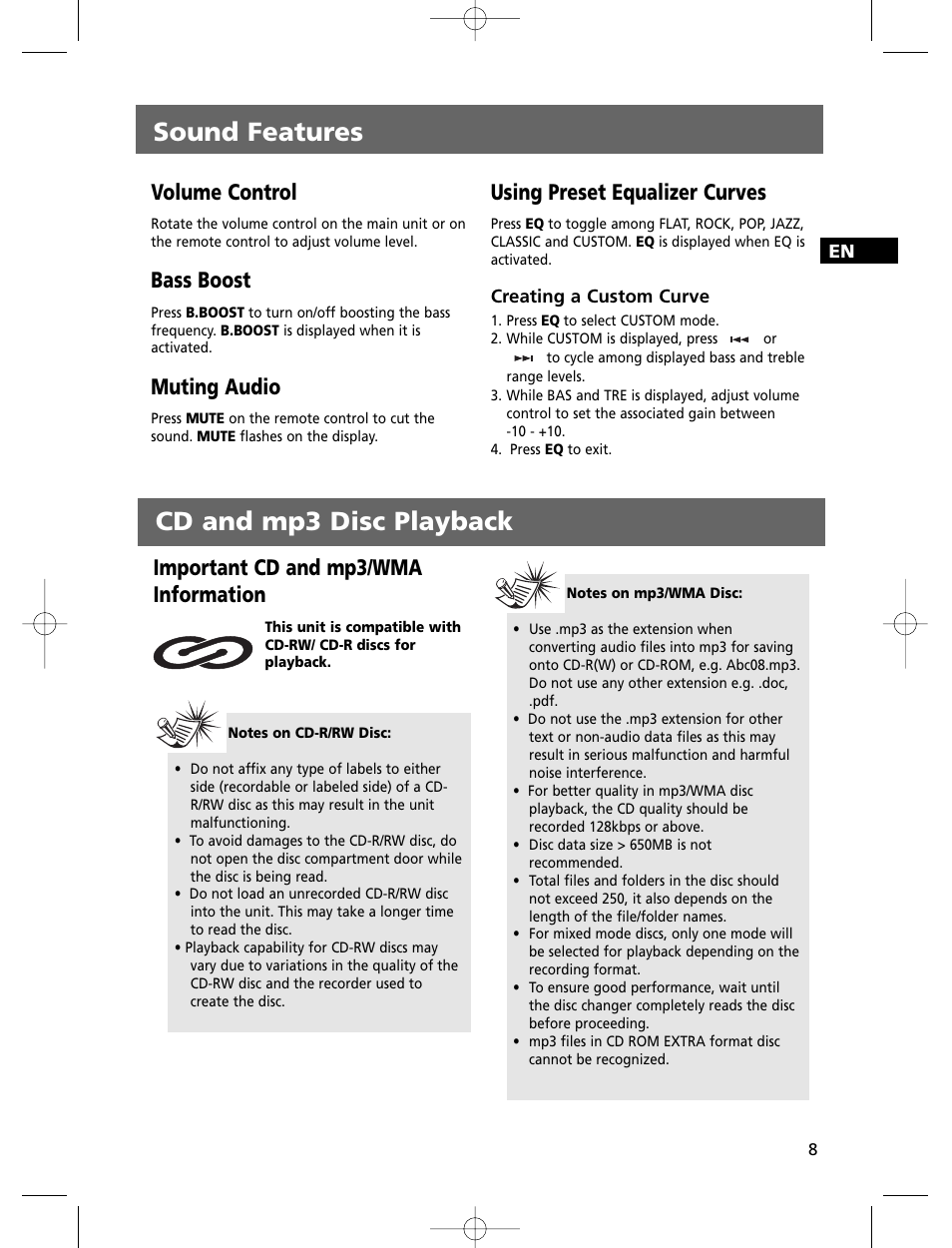 Sound features, Cd and mp3 disc playback, Important cd and mp3/wma information | Volume control, Bass boost, Muting audio, Using preset equalizer curves | Technicolor - Thomson THOMSON Intuiva CS806 User Manual | Page 13 / 30