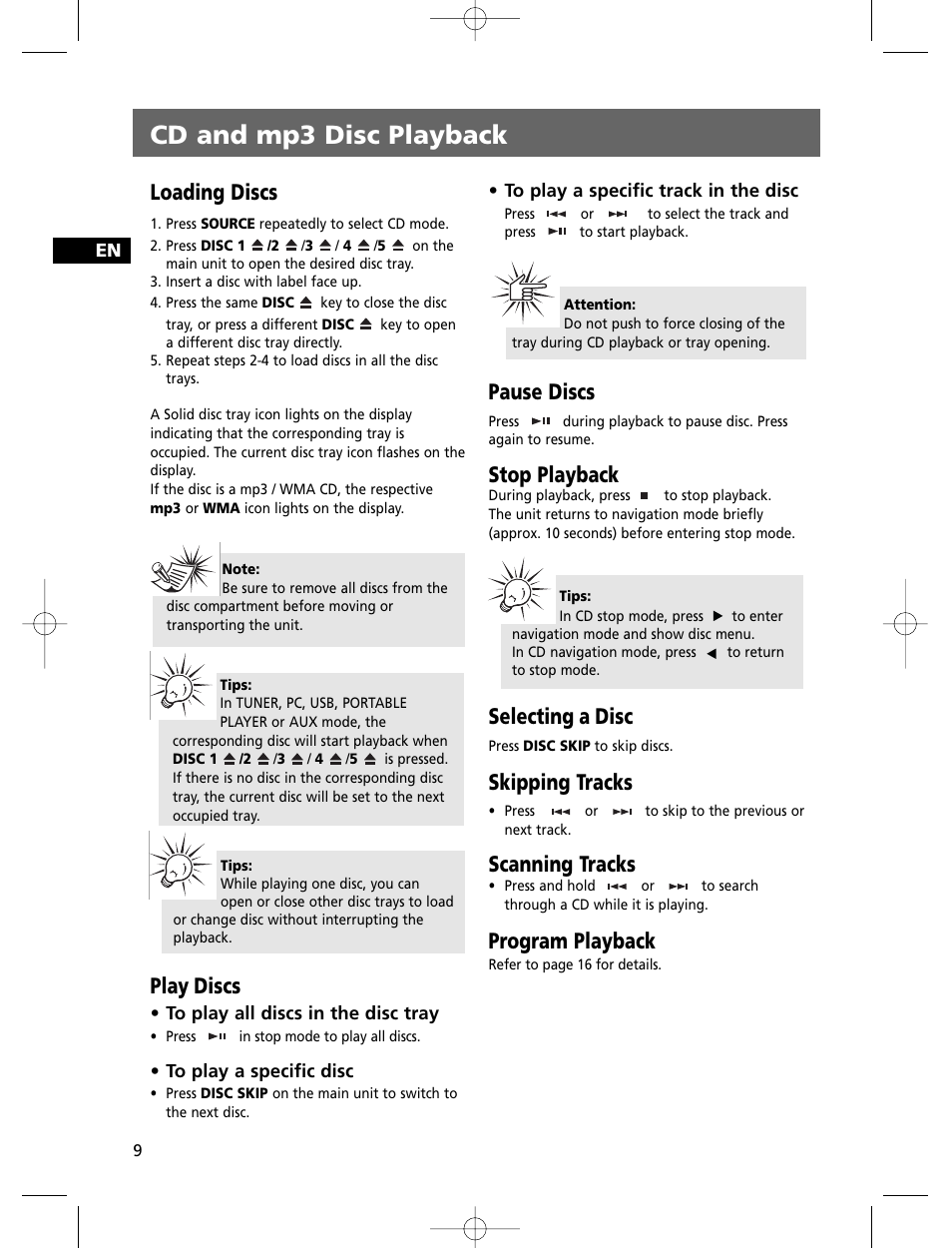 Cd and mp3 disc playback, Loading discs, Play discs | Pause discs, Stop playback, Selecting a disc, Skipping tracks, Scanning tracks, Program playback | Technicolor - Thomson THOMSON Intuiva CS806 User Manual | Page 14 / 30