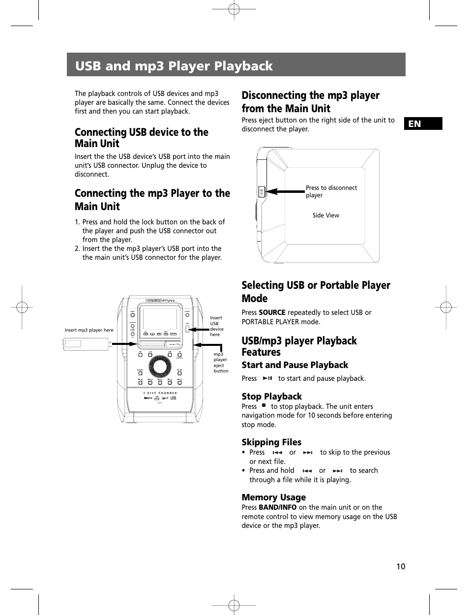 Usb and mp3 player playback, Connecting usb device to the main unit, Connecting the mp3 player to the main unit | Disconnecting the mp3 player from the main unit, Selecting usb or portable player mode, Usb/mp3 player playback features | Technicolor - Thomson THOMSON Intuiva CS806 User Manual | Page 15 / 30