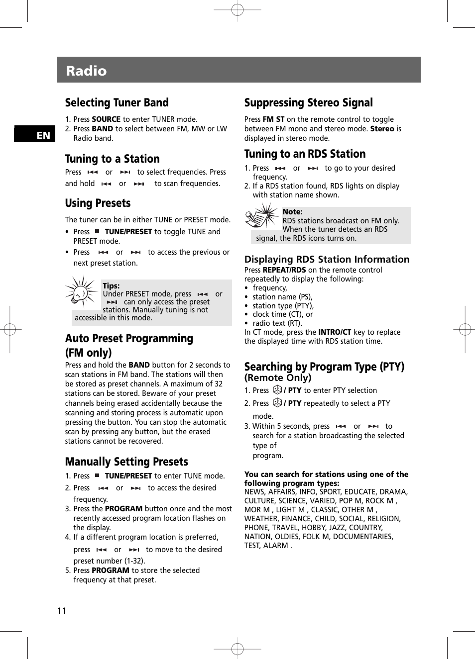 Radio, Selecting tuner band, Tuning to a station | Using presets, Auto preset programming (fm only), Manually setting presets, Suppressing stereo signal, Tuning to an rds station, Searching by program type (pty) | Technicolor - Thomson THOMSON Intuiva CS806 User Manual | Page 16 / 30