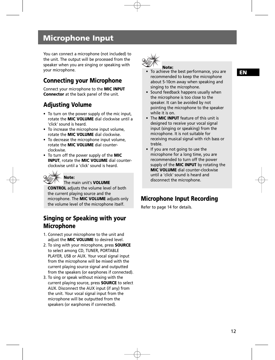 Microphone input, Connecting your microphone, Adjusting volume | Singing or speaking with your microphone, Microphone input recording | Technicolor - Thomson THOMSON Intuiva CS806 User Manual | Page 17 / 30