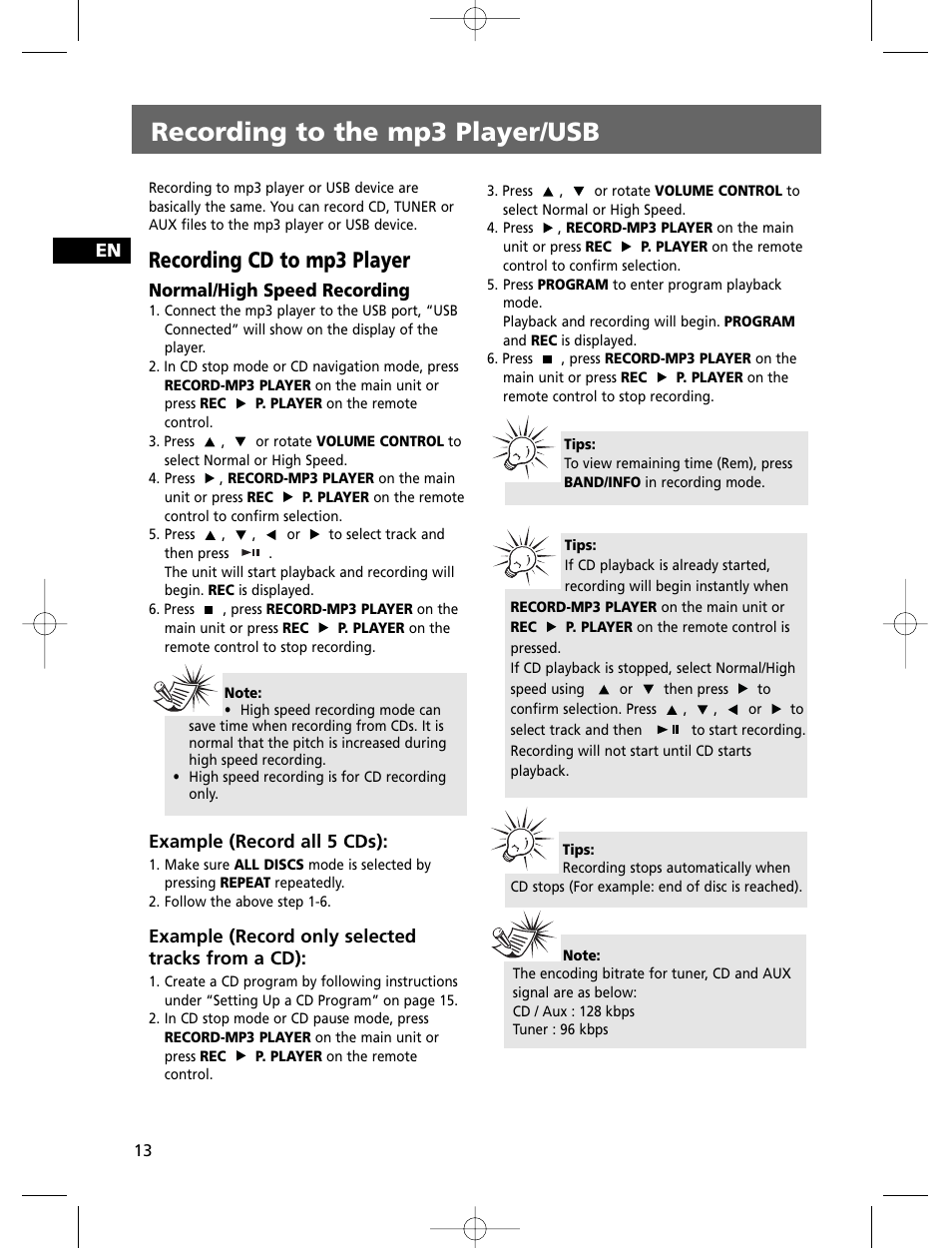 Recording to the mp3 player/usb, Recording cd to mp3 player, Normal/high speed recording | Example (record all 5 cds), Example (record only selected tracks from a cd) | Technicolor - Thomson THOMSON Intuiva CS806 User Manual | Page 18 / 30