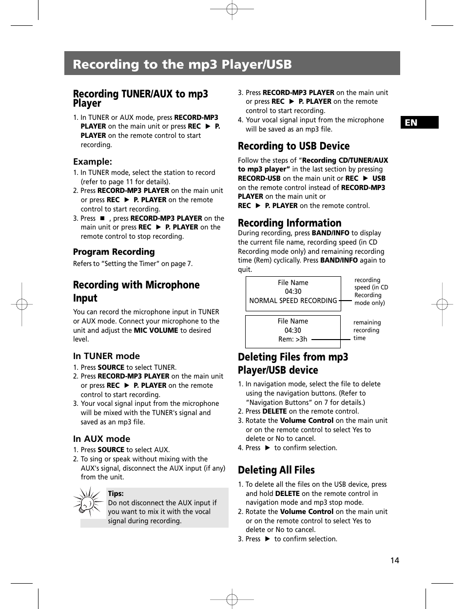Recording to the mp3 player/usb, Recording tuner/aux to mp3 player, Recording with microphone input | Recording to usb device, Recording information, Deleting files from mp3 player/usb device, Deleting all files | Technicolor - Thomson THOMSON Intuiva CS806 User Manual | Page 19 / 30