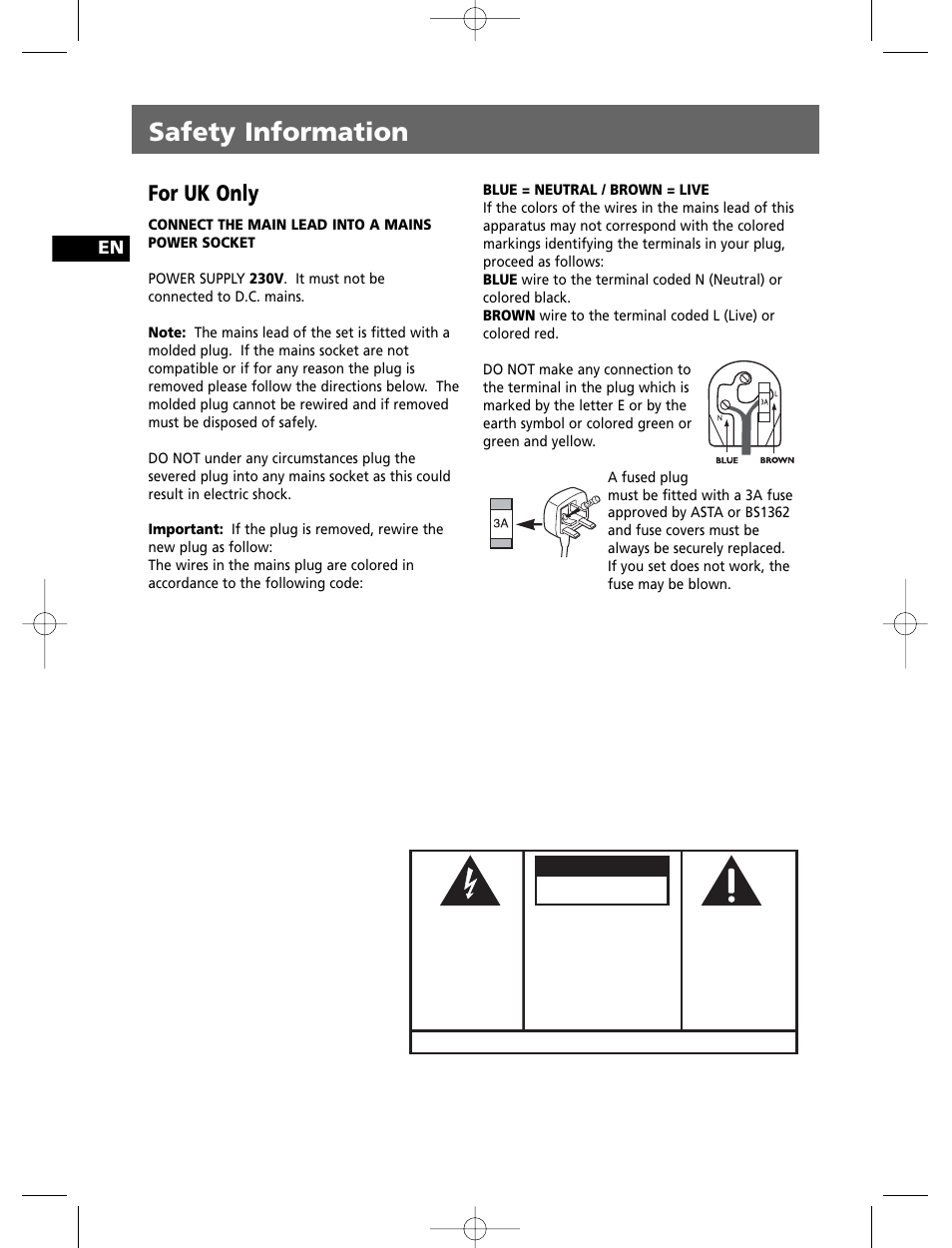 Safety information, For uk only, Caution | Warning | Technicolor - Thomson THOMSON Intuiva CS806 User Manual | Page 2 / 30