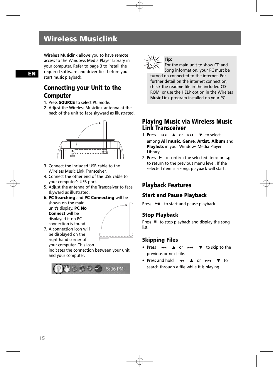 Wireless musiclink, Connecting your unit to the computer, Playing music via wireless music link transceiver | Playback features | Technicolor - Thomson THOMSON Intuiva CS806 User Manual | Page 20 / 30
