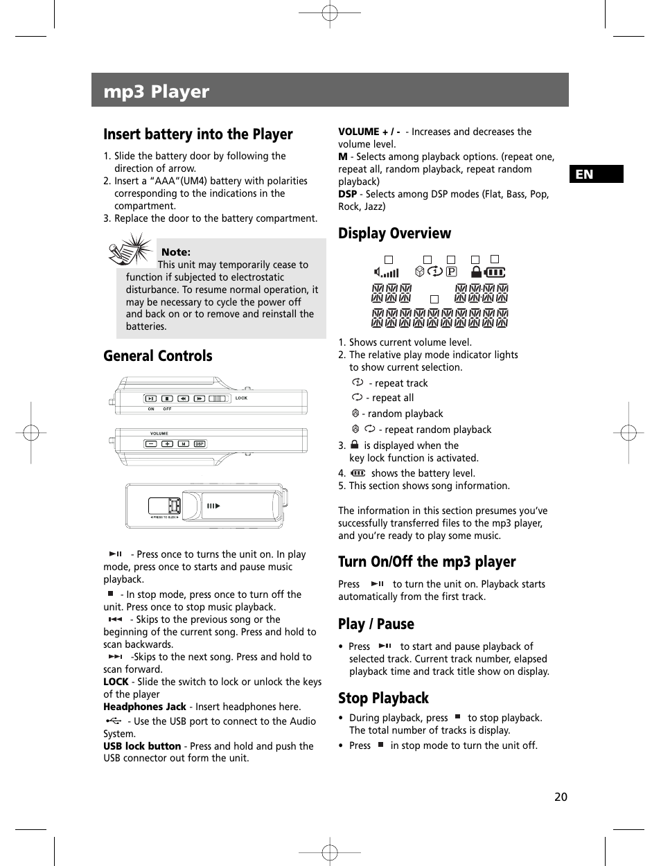 Mp3 player, Insert battery into the player, General controls | Display overview, Turn on/off the mp3 player, Play / pause, Stop playback | Technicolor - Thomson THOMSON Intuiva CS806 User Manual | Page 25 / 30