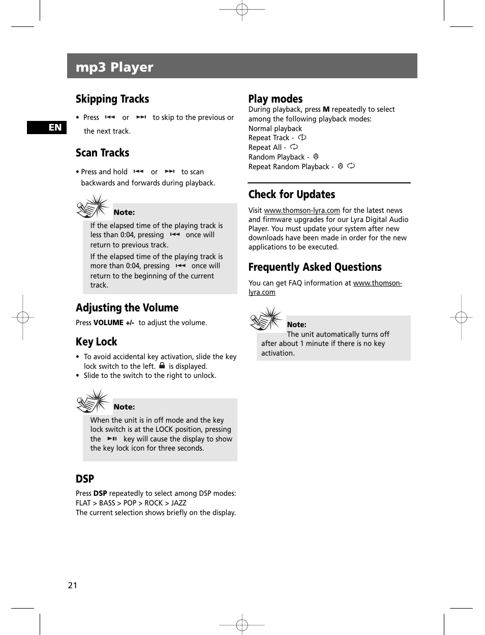 Mp3 player, Skipping tracks, Scan tracks | Adjusting the volume, Key lock, Play modes, Check for updates, Frequently asked questions | Technicolor - Thomson THOMSON Intuiva CS806 User Manual | Page 26 / 30