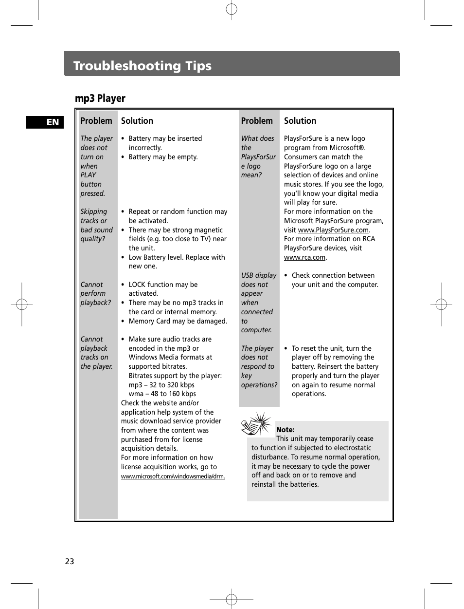 Troubleshooting tips, Mp3 player | Technicolor - Thomson THOMSON Intuiva CS806 User Manual | Page 28 / 30