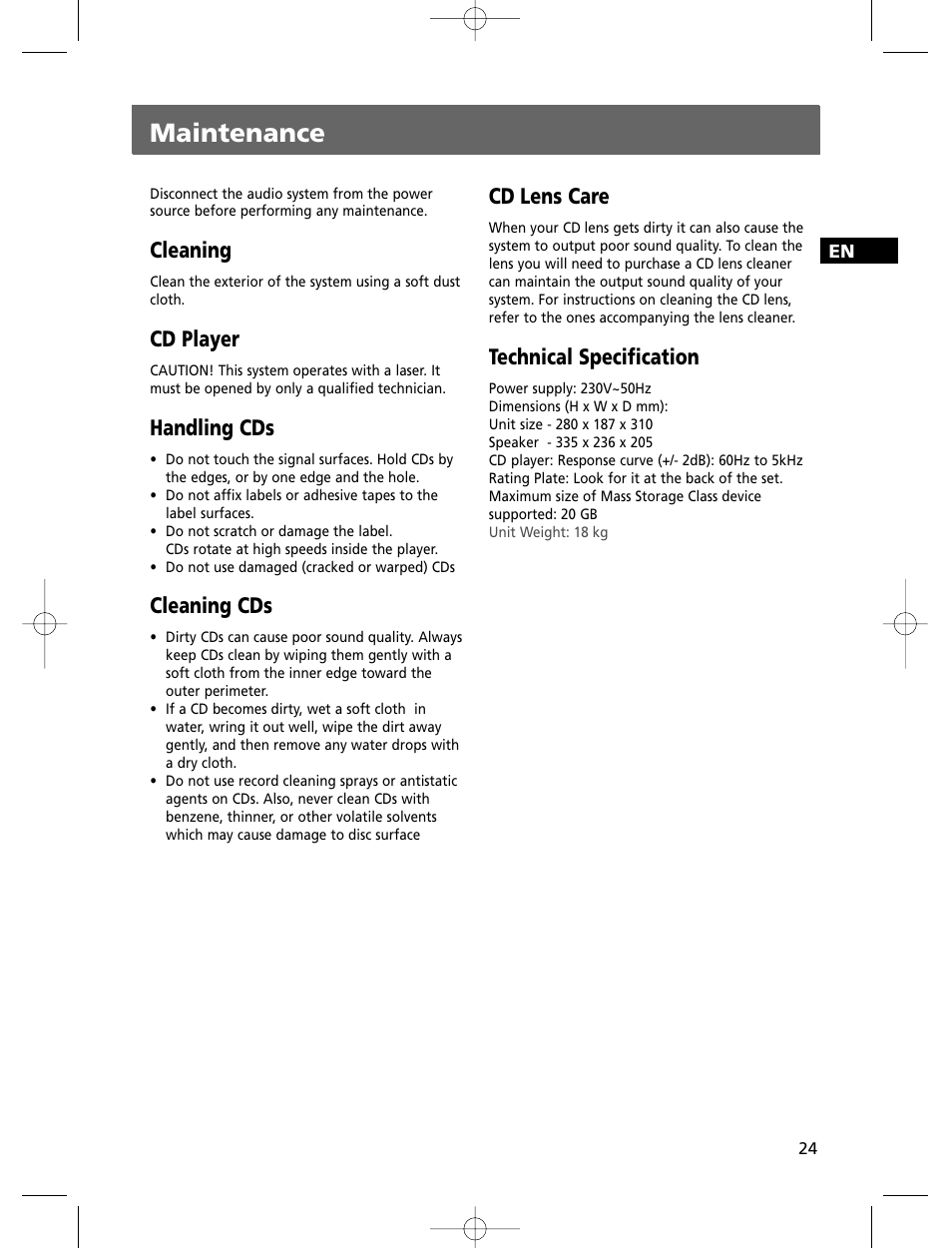 Maintenance, Cleaning, Cd player | Handling cds, Cleaning cds, Cd lens care, Technical specification | Technicolor - Thomson THOMSON Intuiva CS806 User Manual | Page 29 / 30