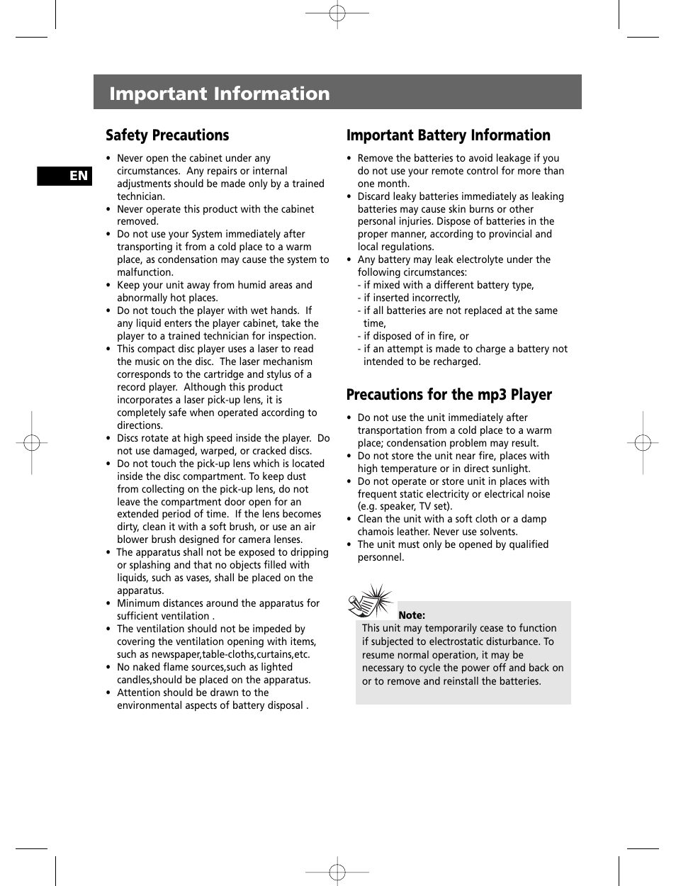Important information, Safety precautions, Important battery information | Precautions for the mp3 player | Technicolor - Thomson THOMSON Intuiva CS806 User Manual | Page 4 / 30