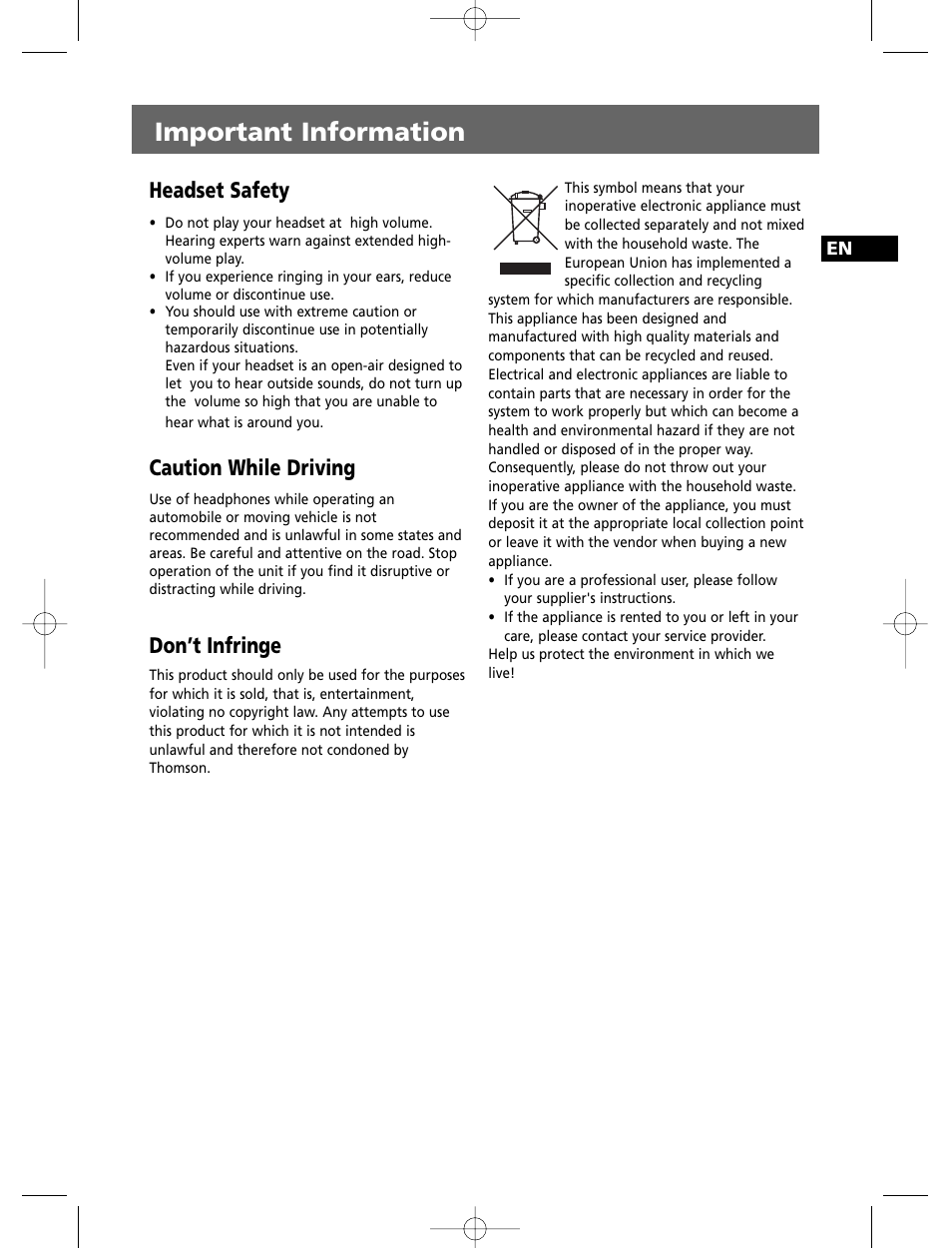Important information, Headset safety, Caution while driving | Don’t infringe | Technicolor - Thomson THOMSON Intuiva CS806 User Manual | Page 5 / 30