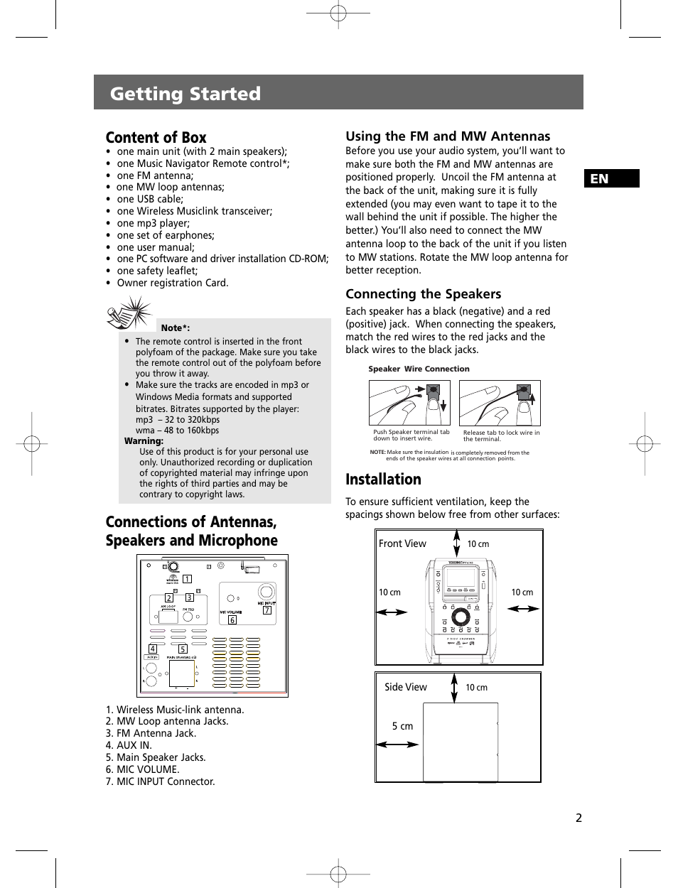 Getting started, Content of box, Connections of antennas, speakers and microphone | Installation, Using the fm and mw antennas, Connecting the speakers | Technicolor - Thomson THOMSON Intuiva CS806 User Manual | Page 7 / 30