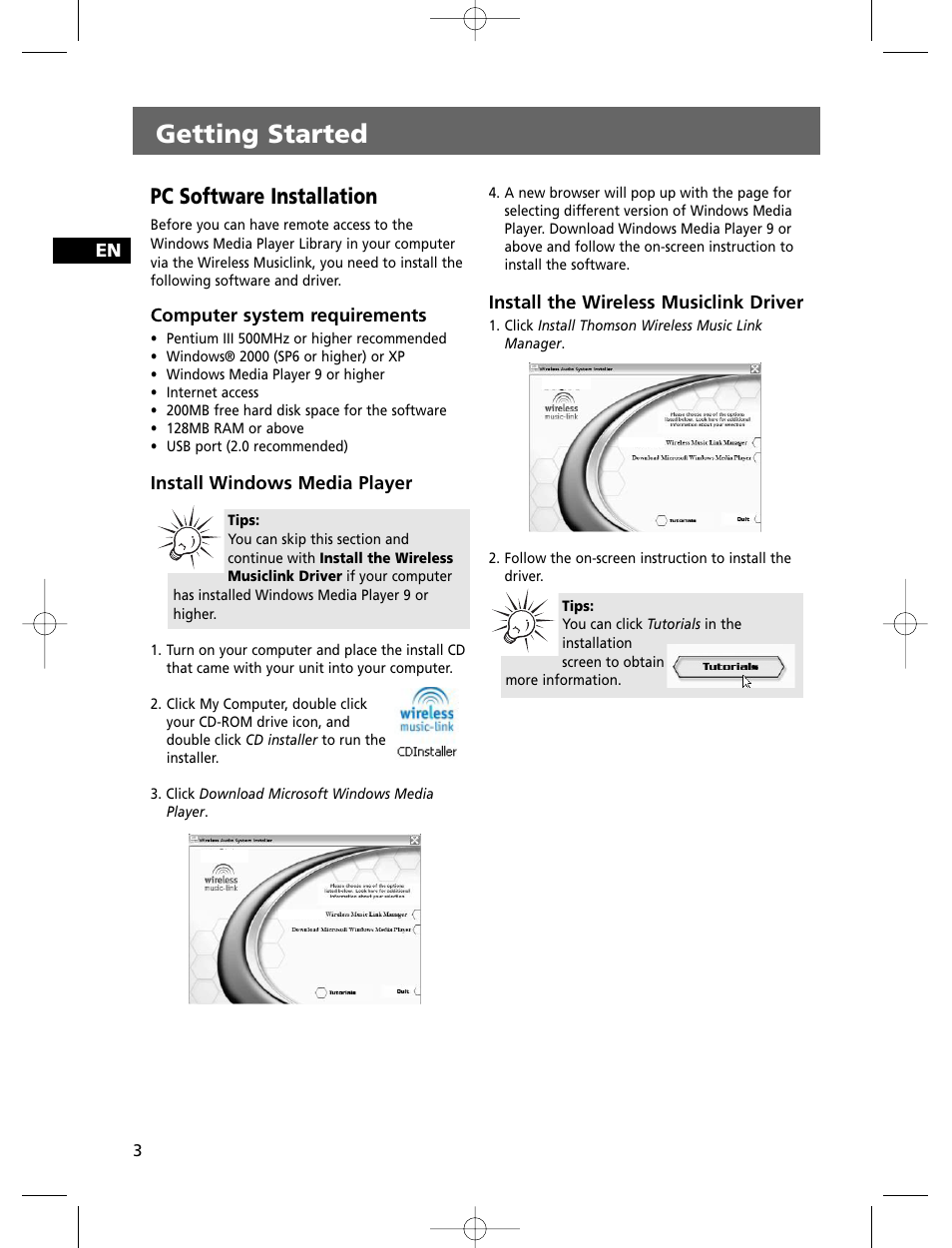 Getting started, Pc software installation | Technicolor - Thomson THOMSON Intuiva CS806 User Manual | Page 8 / 30