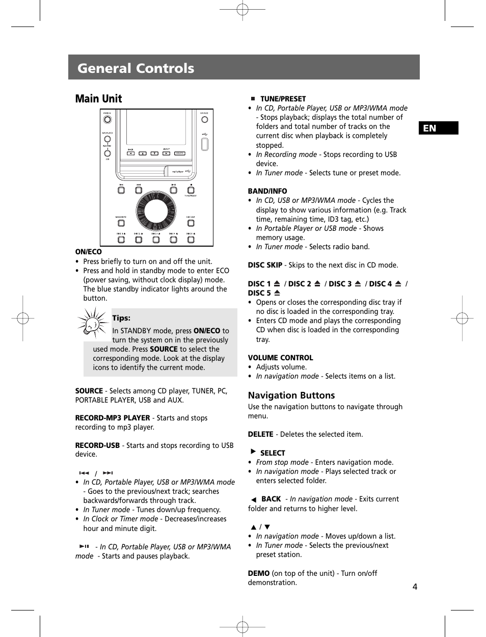 General controls, Main unit, Navigation buttons | Technicolor - Thomson THOMSON Intuiva CS806 User Manual | Page 9 / 30