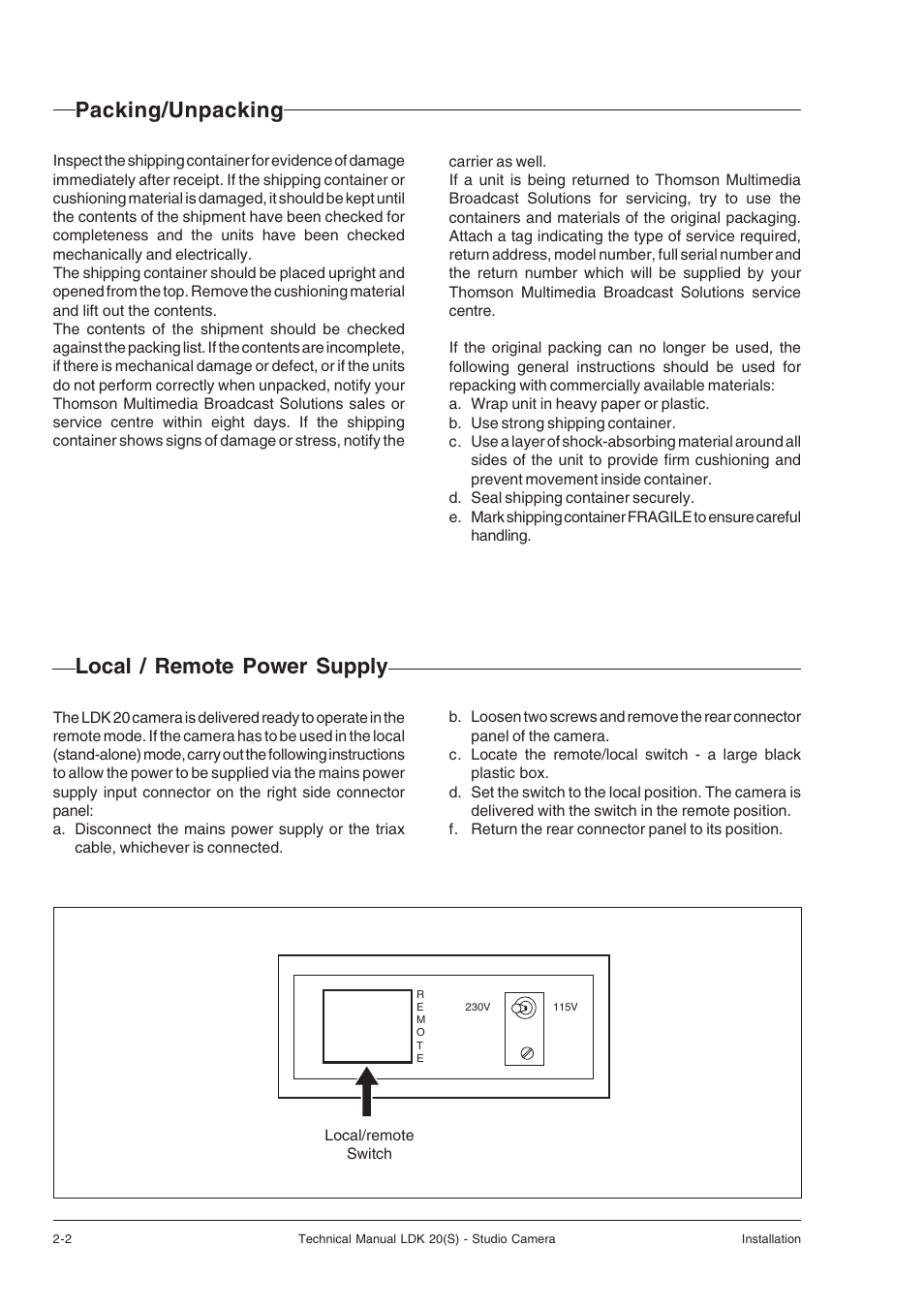 Packing/unpacking, Local / remote power supply | Technicolor - Thomson STUDIO CAMERA LDK 20(S) User Manual | Page 10 / 90