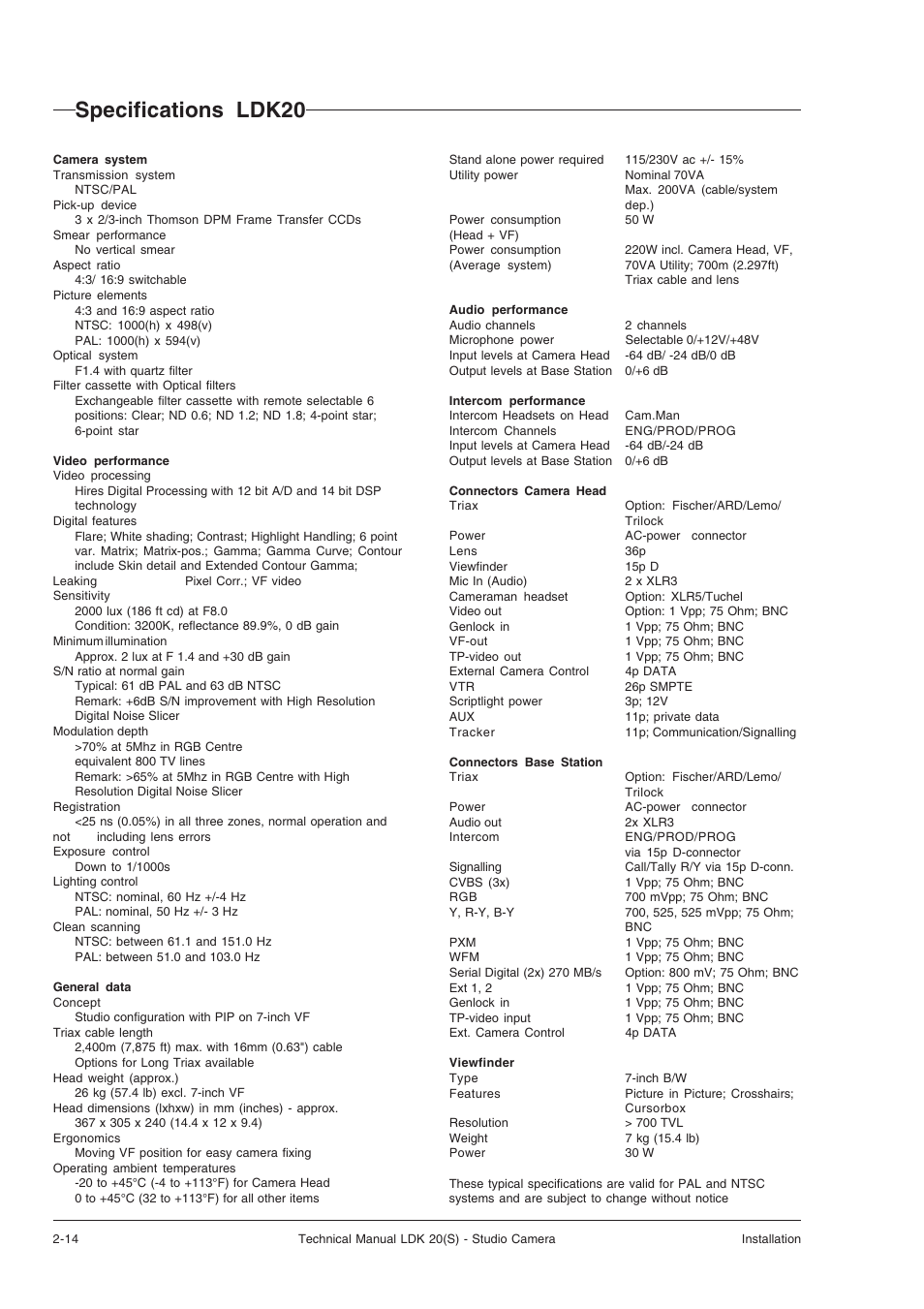 Specifications ldk20, Specifications ldk20 -14 | Technicolor - Thomson STUDIO CAMERA LDK 20(S) User Manual | Page 22 / 90