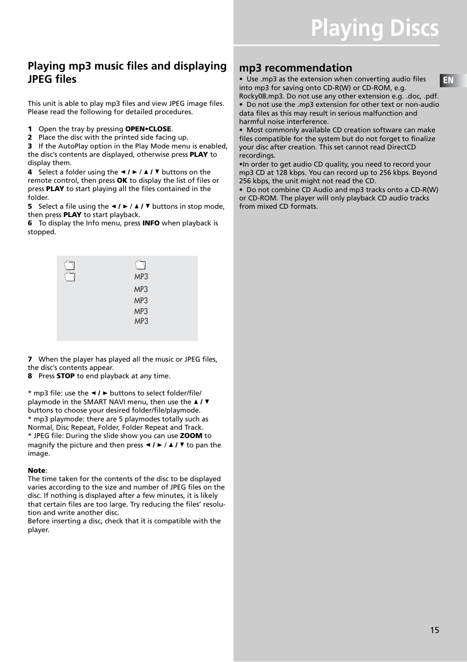 Playing discs, Playing mp3 music files and displaying jpeg files, Mp3 recommendation | Smart navi | Technicolor - Thomson DPL4911 User Manual | Page 17 / 23