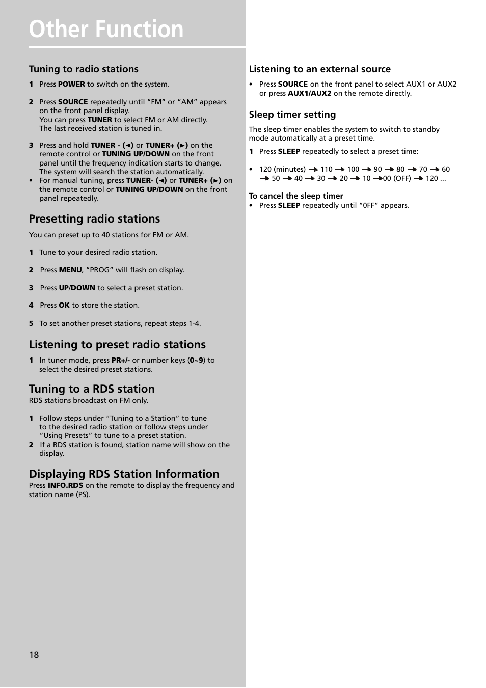 Other function, Presetting radio stations, Listening to preset radio stations | Tuning to a rds station, Displaying rds station information | Technicolor - Thomson DPL4911 User Manual | Page 20 / 23