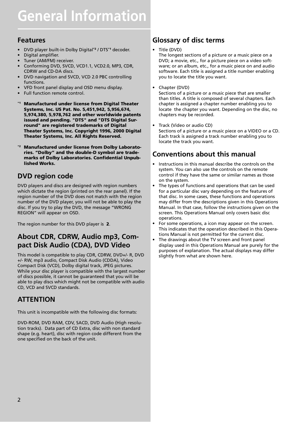 General information, Features, Dvd region code | Attention, Glossary of disc terms, Conventions about this manual | Technicolor - Thomson DPL4911 User Manual | Page 5 / 23