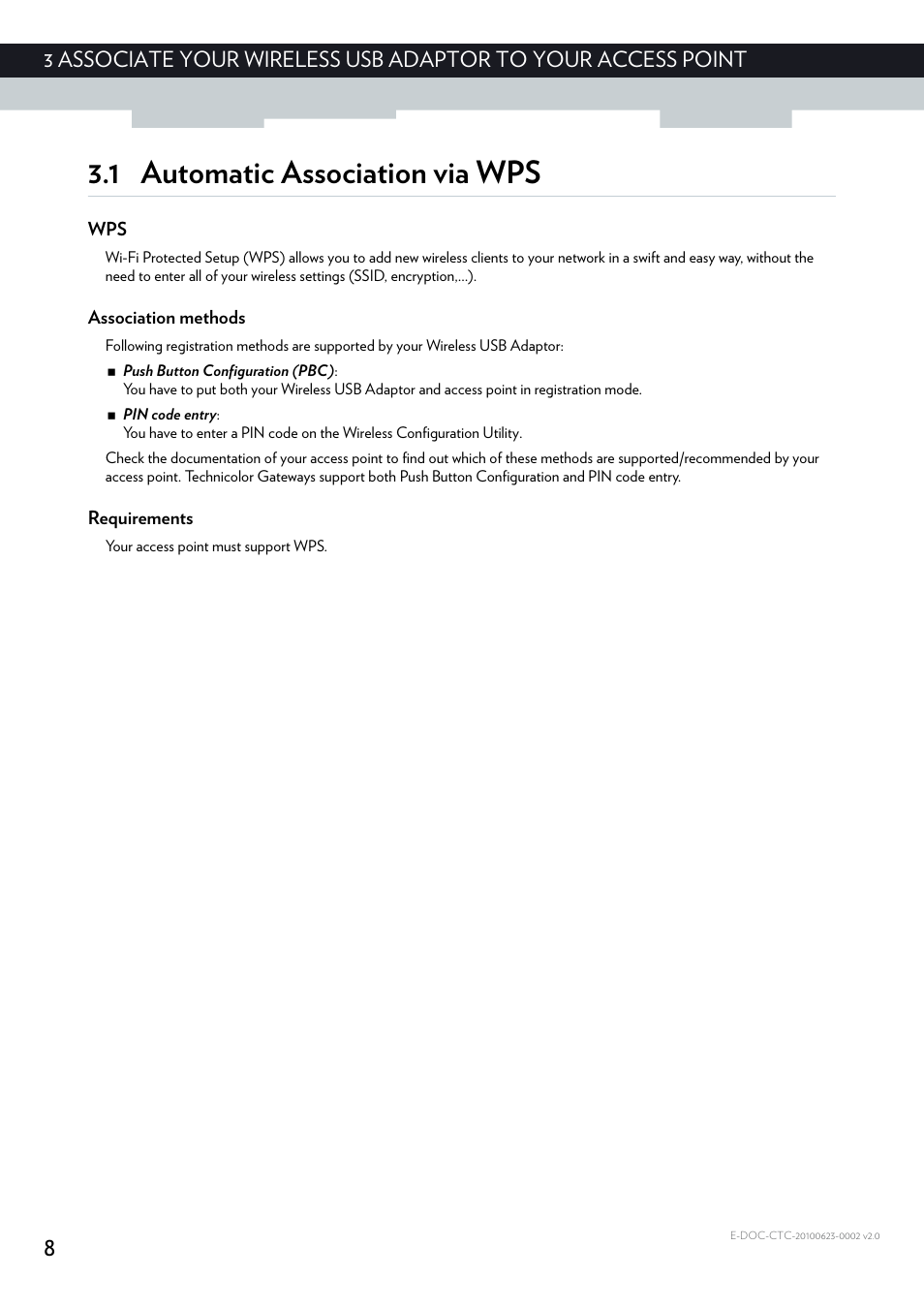 1 automatic association via wps, Association methods, Requirements | Technicolor - Thomson TG122N User Manual | Page 14 / 34