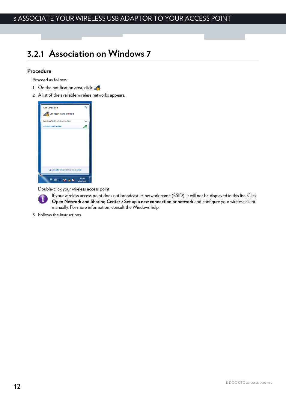 1 association on windows 7, Procedure | Technicolor - Thomson TG122N User Manual | Page 18 / 34