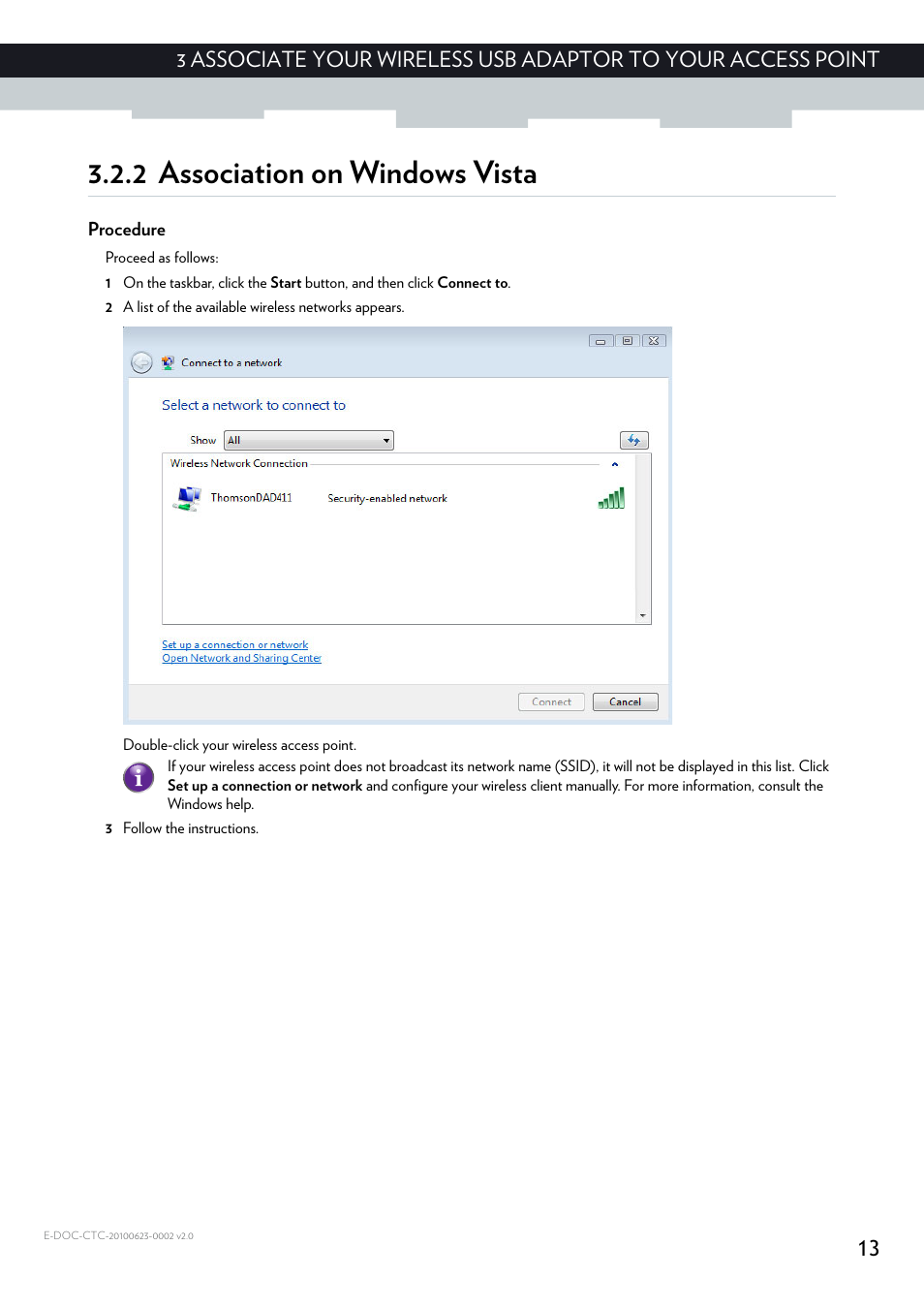 2 association on windows vista, Procedure, Eed with | Technicolor - Thomson TG122N User Manual | Page 19 / 34