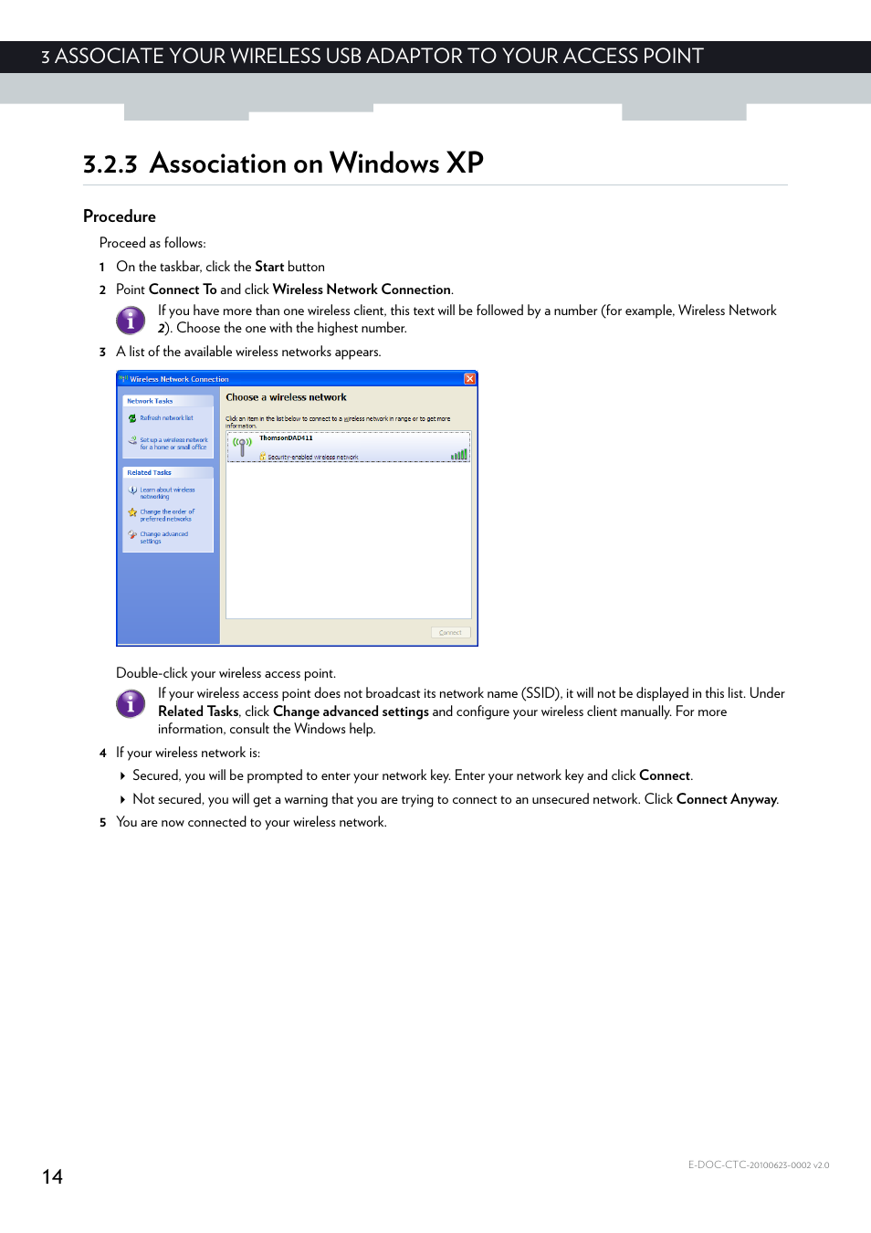 3 association on windows xp, Procedure | Technicolor - Thomson TG122N User Manual | Page 20 / 34