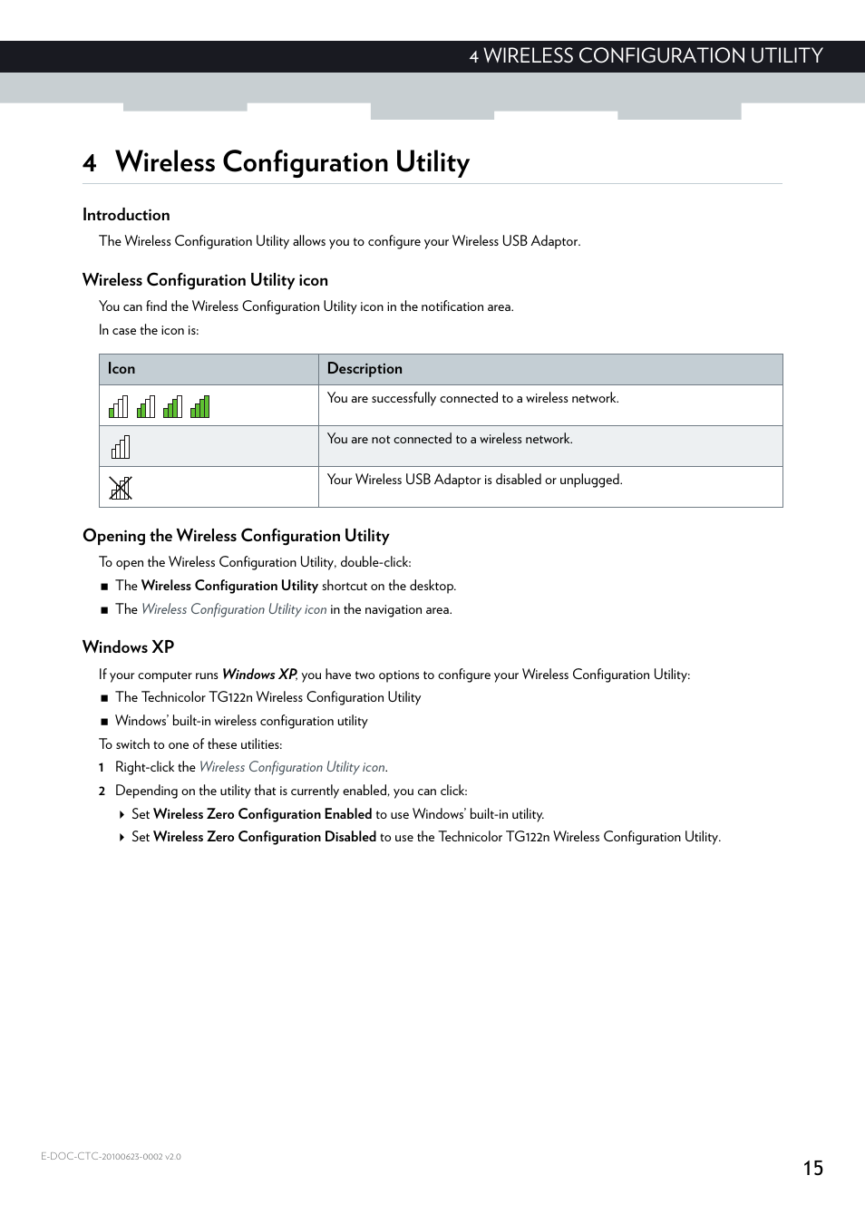 4 wireless configuration utility, Introduction, Wireless configuration utility icon | Opening the wireless configuration utility, Windows xp, 15 4 wireless configuration utility | Technicolor - Thomson TG122N User Manual | Page 21 / 34