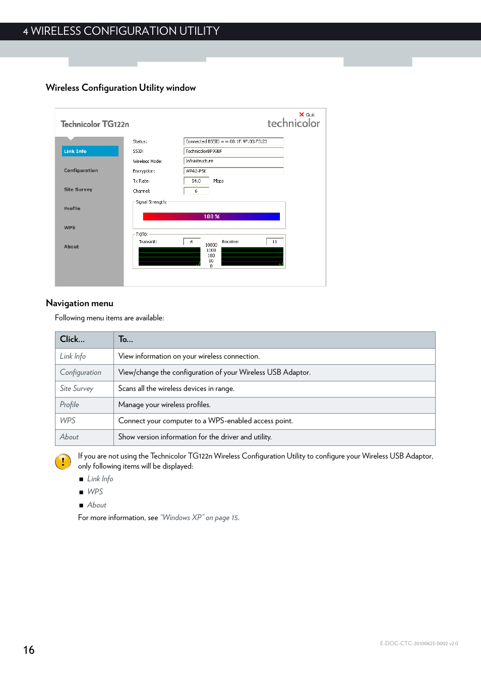 Wireless configuration utility window, Navigation menu, 16 4 wireless configuration utility | Technicolor - Thomson TG122N User Manual | Page 22 / 34