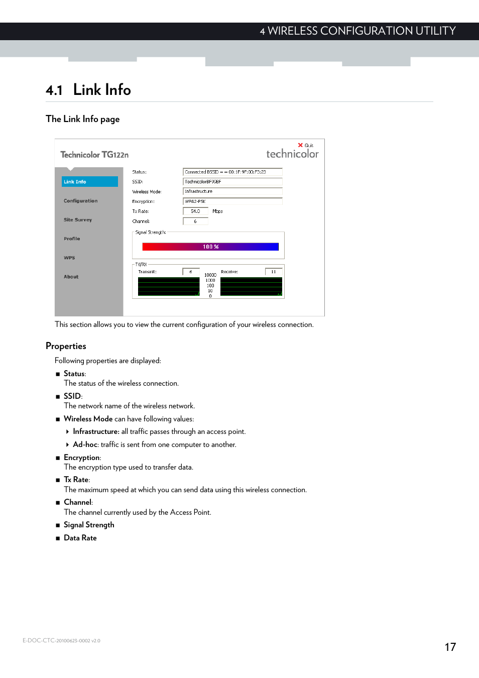 1 link info, Properties, Link info | 17 4 wireless configuration utility, The link info page | Technicolor - Thomson TG122N User Manual | Page 23 / 34