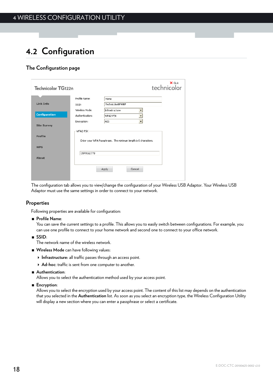 2 configuration, Properties, Configuration | 18 4 wireless configuration utility | Technicolor - Thomson TG122N User Manual | Page 24 / 34