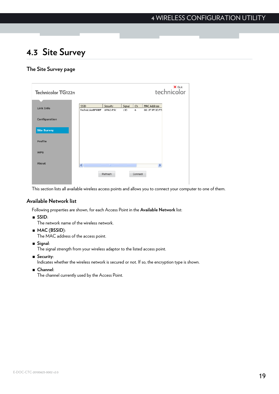 3 site survey, Available network list, Site survey | 19 4 wireless configuration utility | Technicolor - Thomson TG122N User Manual | Page 25 / 34