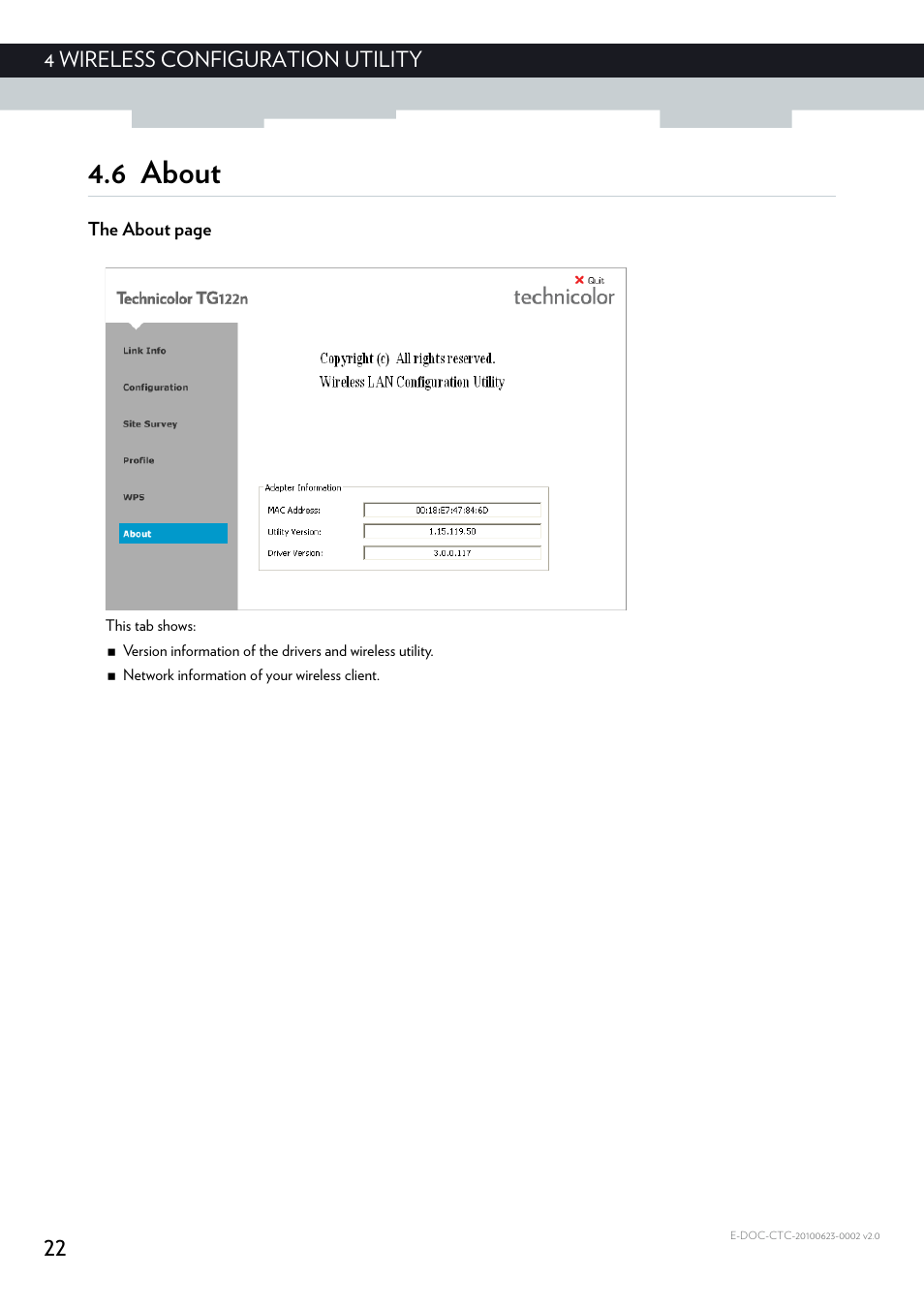 6 about, About, 22 4 wireless configuration utility | Technicolor - Thomson TG122N User Manual | Page 28 / 34