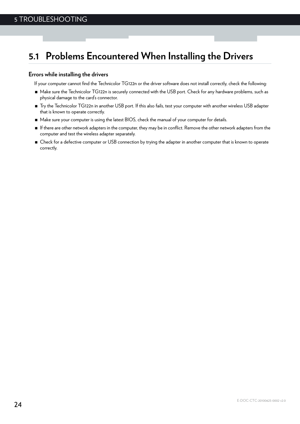 1 problems encountered when installing the drivers, Errors while installing the drivers, Problems encountered when installing the drivers | 24 5 troubleshooting | Technicolor - Thomson TG122N User Manual | Page 30 / 34