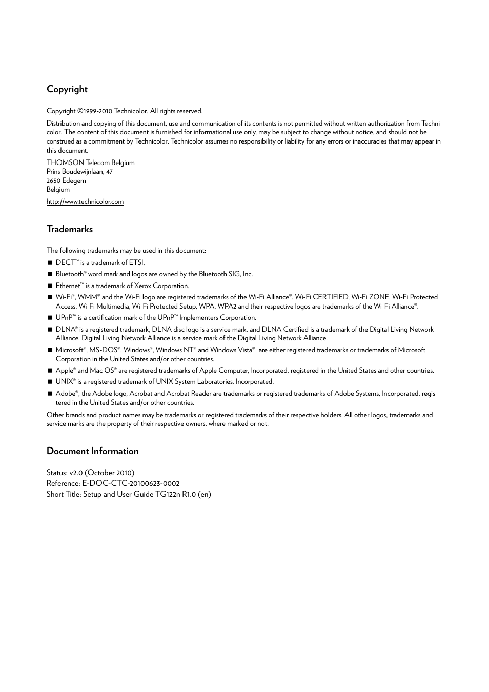 Copyright, Trademarks, Document information | Technicolor - Thomson TG122N User Manual | Page 4 / 34