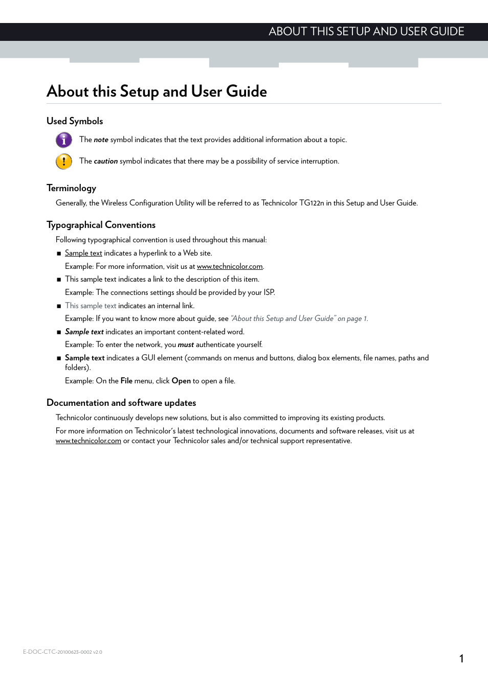 About this setup and user guide, Used symbols, Terminology | Typographical conventions, Documentation and software updates, 1about this setup and user guide | Technicolor - Thomson TG122N User Manual | Page 7 / 34