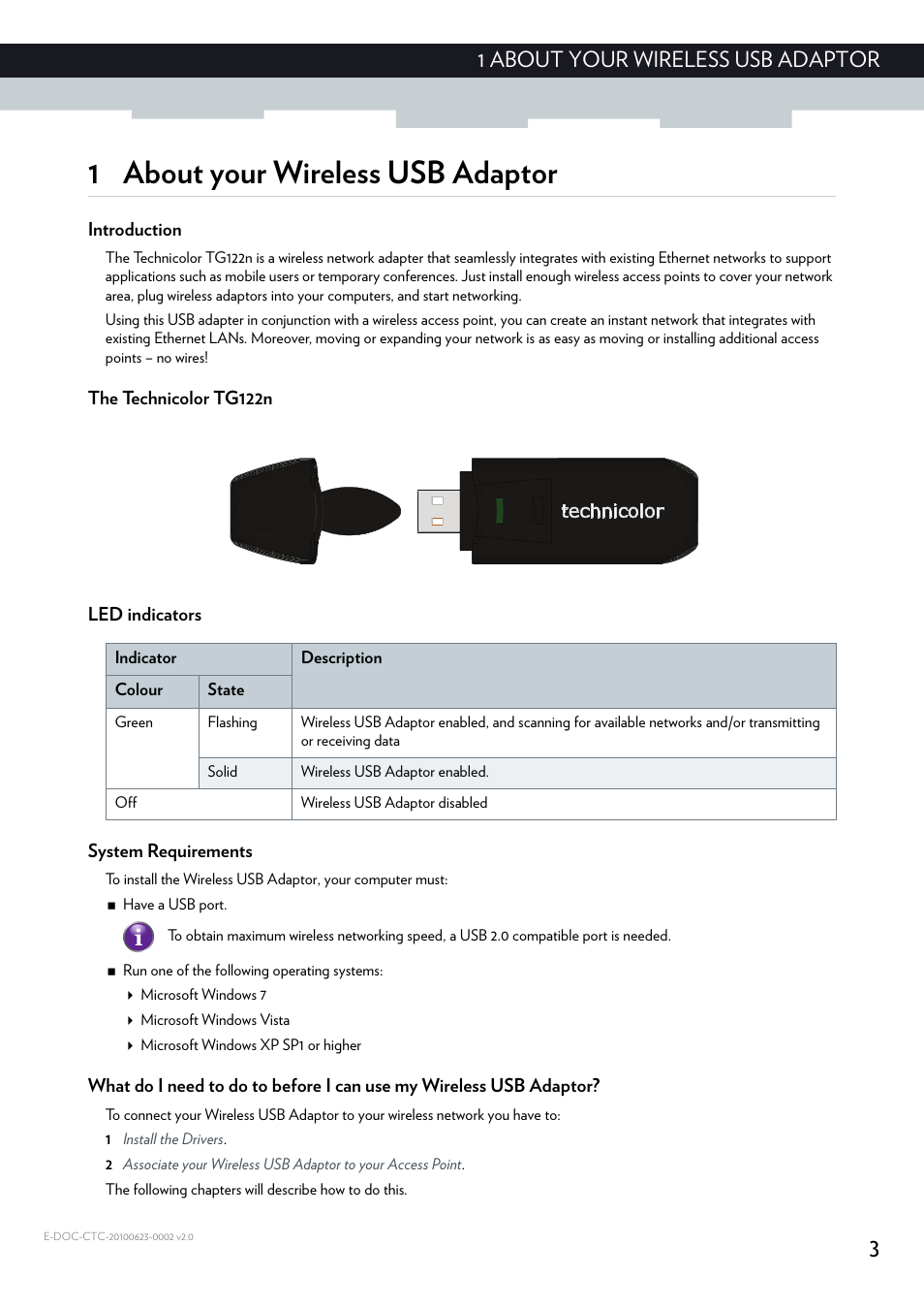 1 about your wireless usb adaptor, Introduction, The technicolor tg122n | Led indicators, System requirements, 31 about your wireless usb adaptor | Technicolor - Thomson TG122N User Manual | Page 9 / 34