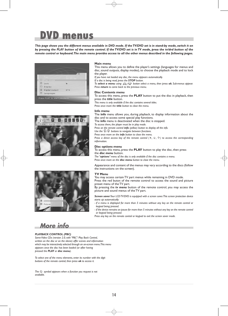 Dvd menus, More info | Technicolor - Thomson TV/DVD Combo User Manual | Page 14 / 23