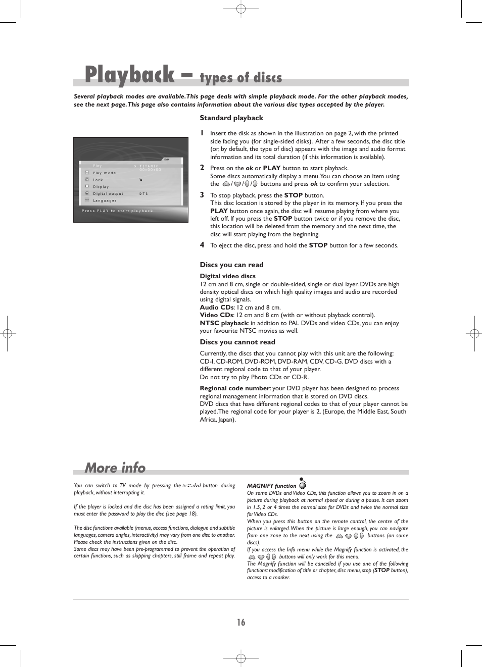 Playback, Types of discs, More info | Technicolor - Thomson TV/DVD Combo User Manual | Page 16 / 23