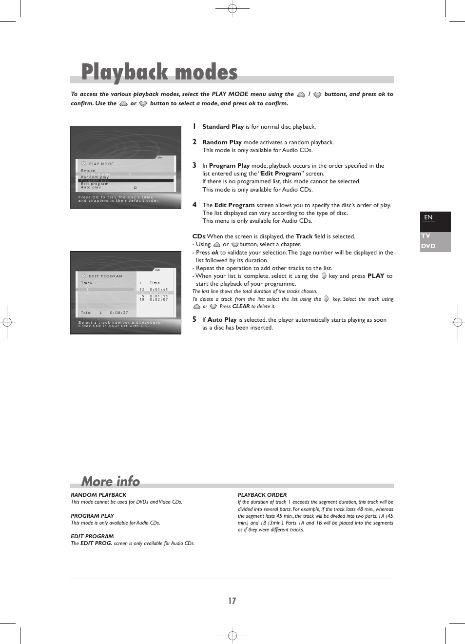 Playback modes, More info | Technicolor - Thomson TV/DVD Combo User Manual | Page 17 / 23