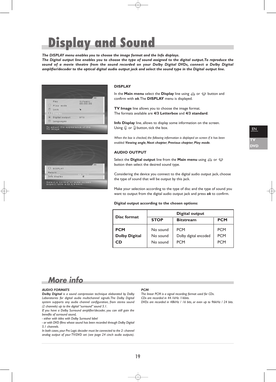 Display and sound, More info | Technicolor - Thomson TV/DVD Combo User Manual | Page 19 / 23