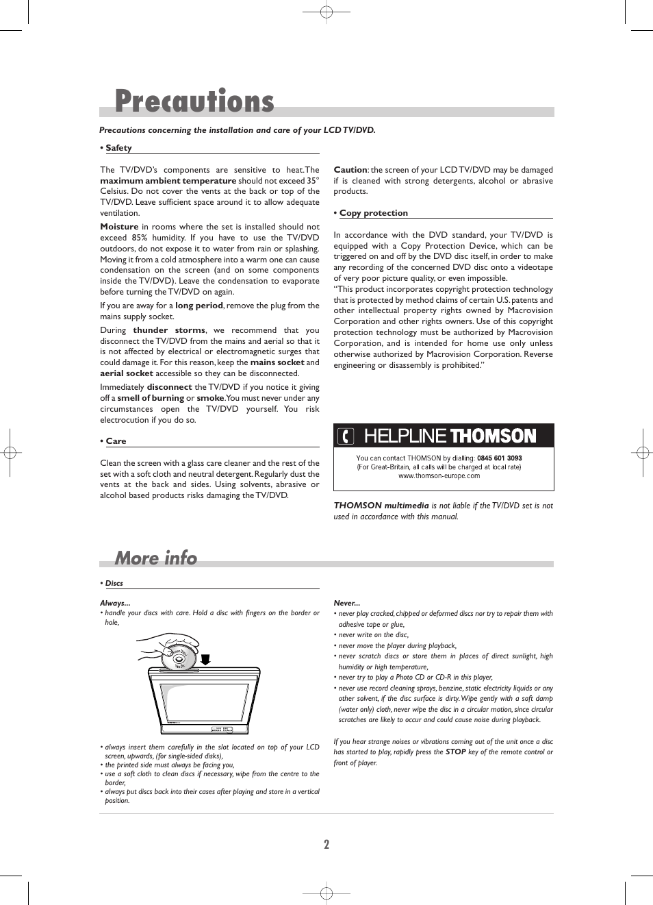 Precautions, More info | Technicolor - Thomson TV/DVD Combo User Manual | Page 2 / 23