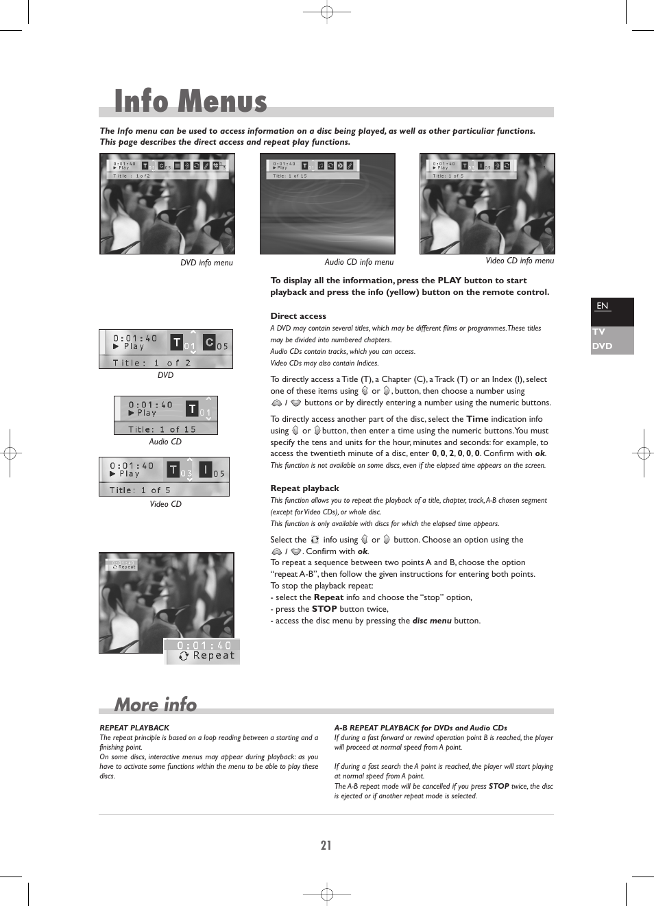 Info menus, More info | Technicolor - Thomson TV/DVD Combo User Manual | Page 21 / 23