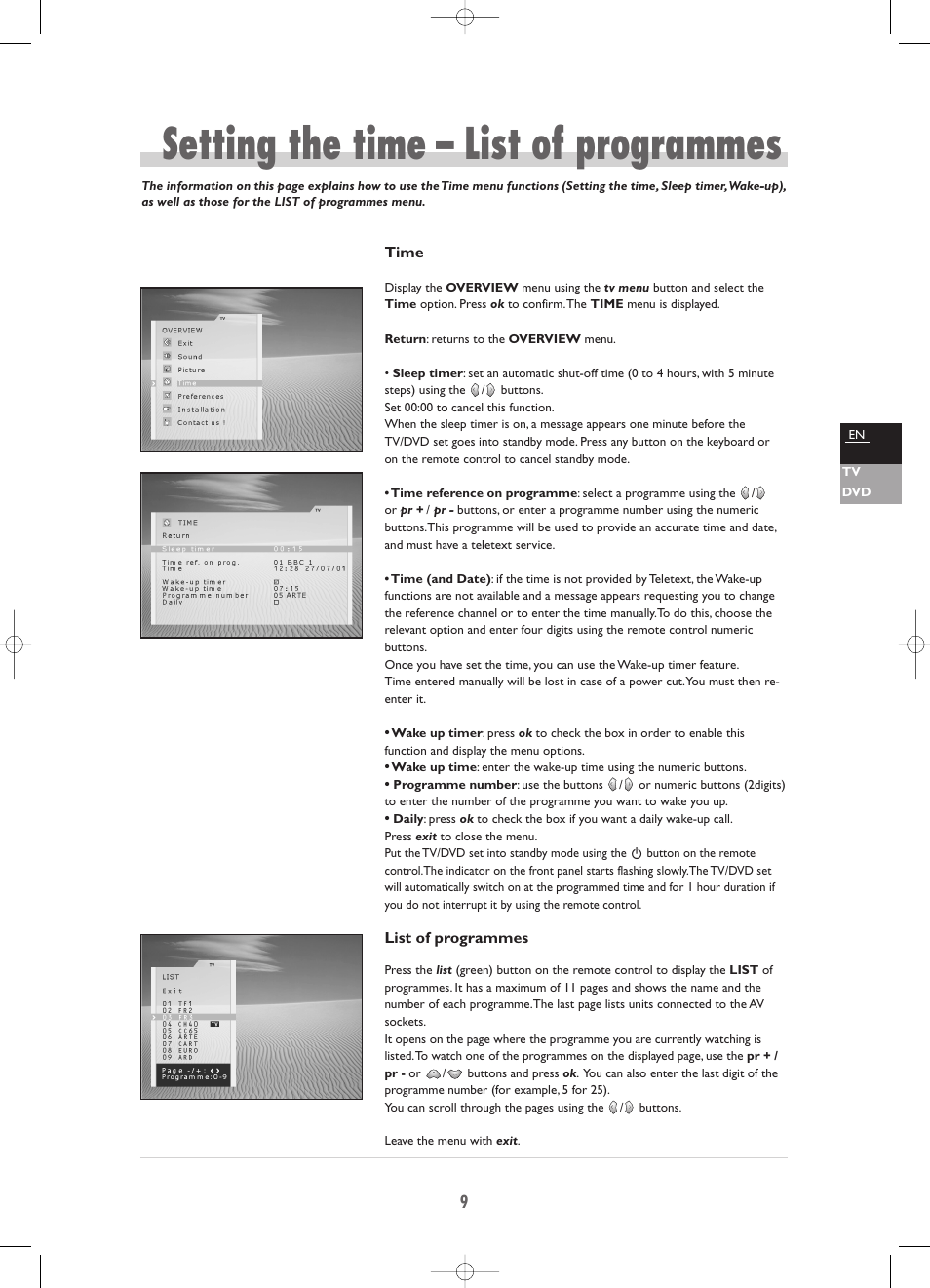 Setting the time – list of programmes | Technicolor - Thomson TV/DVD Combo User Manual | Page 9 / 23